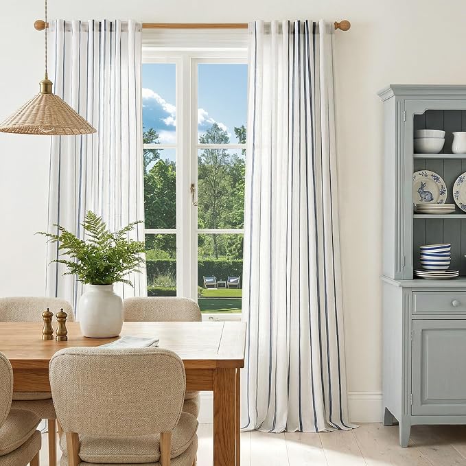 Vangao Striped Curtains Blue on White Semi Sheer Curtains 96 Inches Long for Living Room Bedroom Modern Farmhouse Linen Textured Light Filtering Drapes 2 Panels Blue W50 x L96 Inch