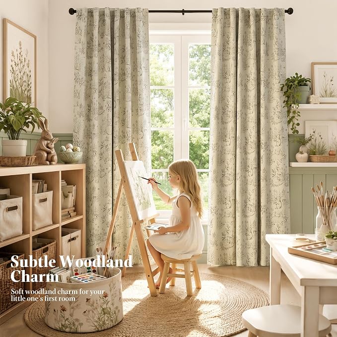 jinchan Taupe Blackout Curtains 84 Inch Whimsical Back Tab 2 Panels | Room darkening,nursery kids bedroom,privacy,whimsical,cottagecore,bunny pattern,botanical,nature-inspired decor