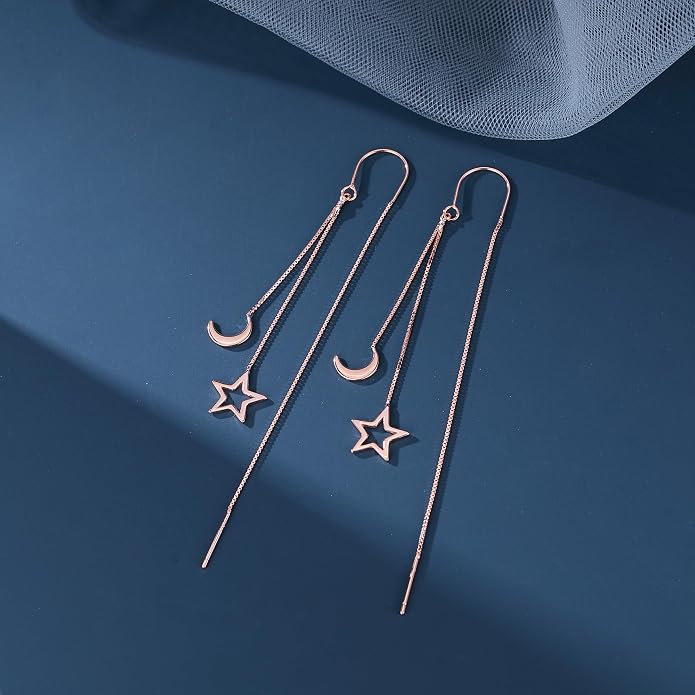 Reffeer Solid 925 Sterling Silver Moon Star Threader Dangle Earrings Chain for Women Teens Long Dangle Earrings Tassel Chain