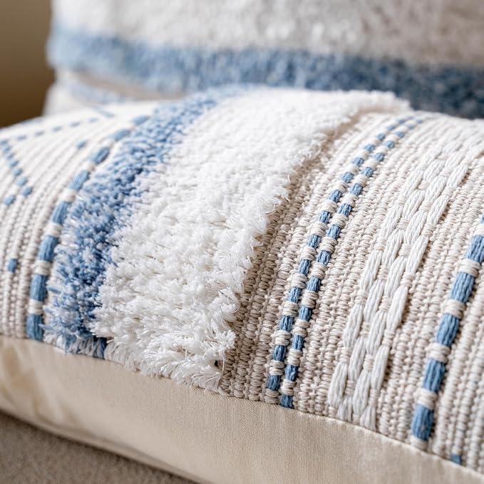 BlissBlush 20X20 Throw Pillow Cover, Coastal Blue Square Decorative Cushion Cover, Boho Accent Pillowcase with Tassels for Couch Sofa Living Room (Cover Only)