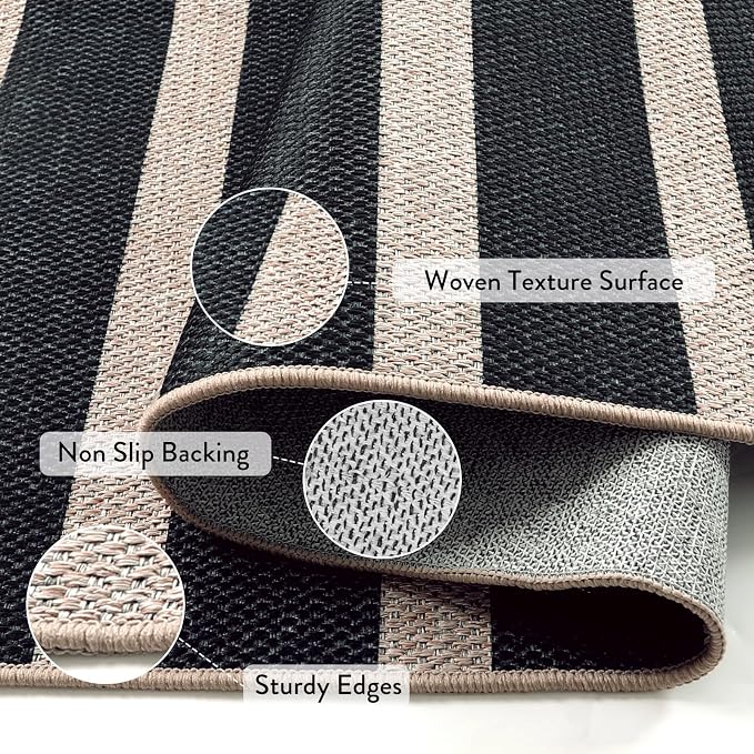 Lahome Striped Easy Jute Living Room Rug, 8x10 Outdoor Patio Rugs Washable | Black Indoor Area Rug, Modern Farmhouse Geometric Non Slip Non Shedding Carpet for Office Backyard Dining Room Sunroom