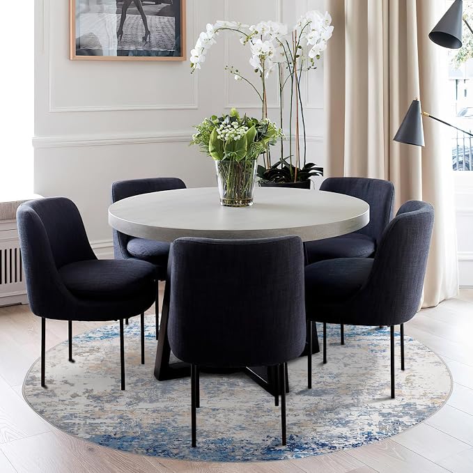 ROYHOME Modern Abstract 4x4 Round Area Rug Non Slip Non Shedding Rug Low Pile Stain Resistant for Bedroom Living Room Office Dining Room,Blue/Grey