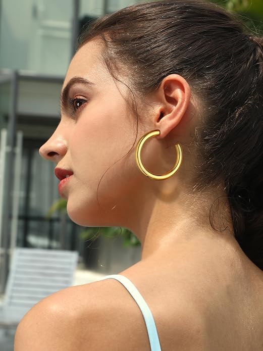 Stainless Steel Chunky Hoop Earrings For Women, Minimalist and Chic, Black/Gold Plated, Round Hoops Earrings Hypoallergenic, Size: 30mm/40mm/60mm/80mm, Come with Box