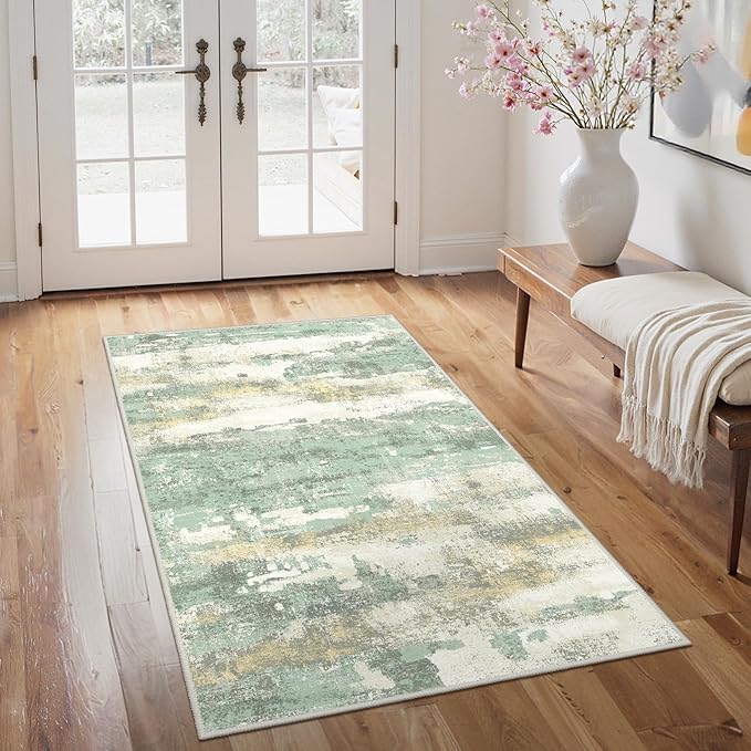 GENIMO 3x5 Area Rug for Entryway Washable, Modern Abstract Small Rugs for Hallway Living Room, Bedroom Beside, Non-Slip Low Pile Lightweight Soft Carpet, Light Green
