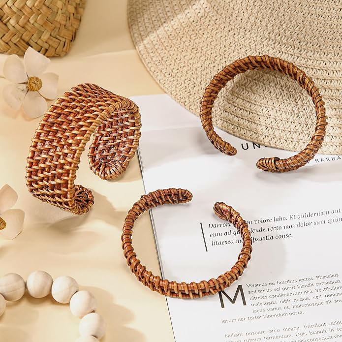 Landical 3 Pcs Handwoven Wooden Braided Rattan Knit Cuff Bracelet Adjustable Bohemian Chunky Wrap Bangle for Women Summer Ethnic Tribal Wrist Jewelry