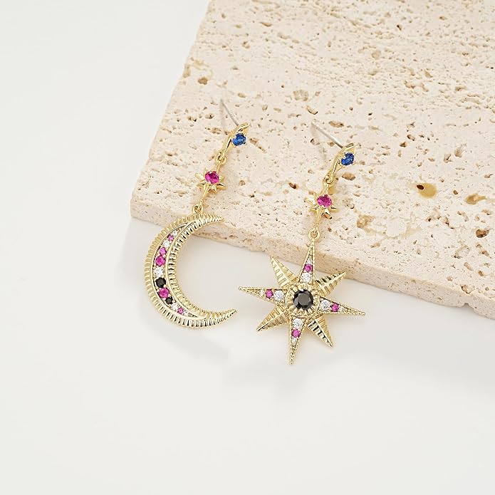 Sylph Gold Moon and Starburst Earrings for Women, Asymmetrical Stud Dangle Drop Earring, Boho Bohemian Jewelry for Everyday Wear