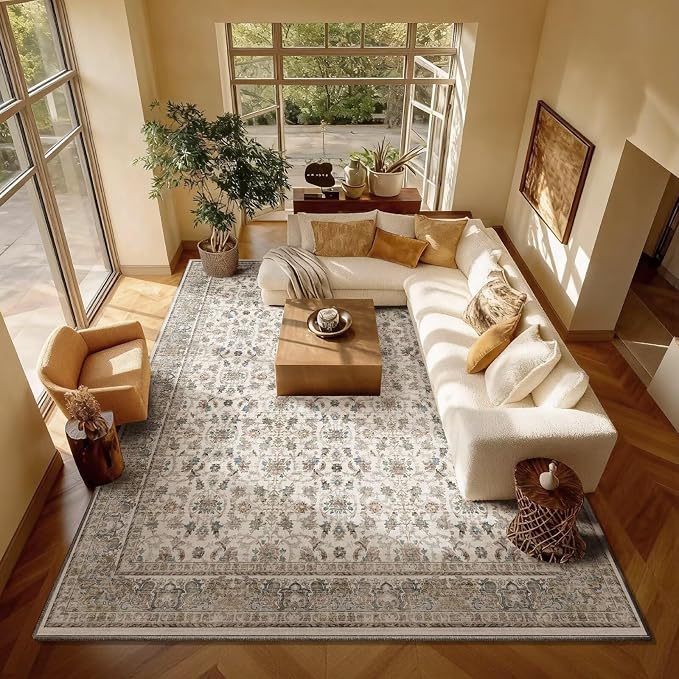Boho Washable 8x10 Area Rugs for Living Room, Cushioned, Cream/Blue | Vintage Non-slip Neutral Oriental Rugs for Bedroom Dining Room Nursery Office High Traffic Area