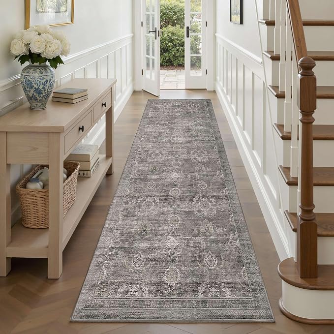 Rugxara 2'6''x8' Washable Runner Rug for Hallway Kitchen, Taupe/Grey | Non Slip, Runner Rug for Entryway Bedroom Laundry Room Bathroom, Stain Resistant, Soft, Low Pile, Vintage Boho Retro Carpet