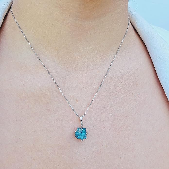 Natural raw gemstone pendant chain necklace with white gold over 925 solid sterling silver, birthstone dainty solitaire gift for her, uniquelan jewelry