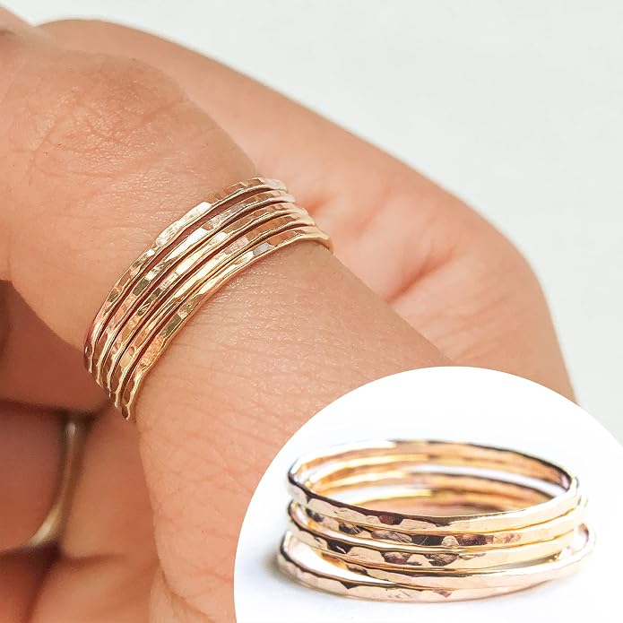 Ellie J Maui Hammered Ring, 1mm Thin Stacking Rings, Minimalist Rings for Women, 14K Gold Filled Rings for Teen Girls Midi Knuckle Pinky Finger Jewerly (Size 3-11)