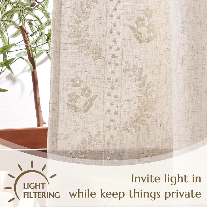 jinchan Floral Lined Linen Curtains 84 Inch Back Tab 2 Panels Ivory | Embroidered curtains,privacy lining,boho curtains,light filtering,living room,bedroom,flower patterned,window treatment