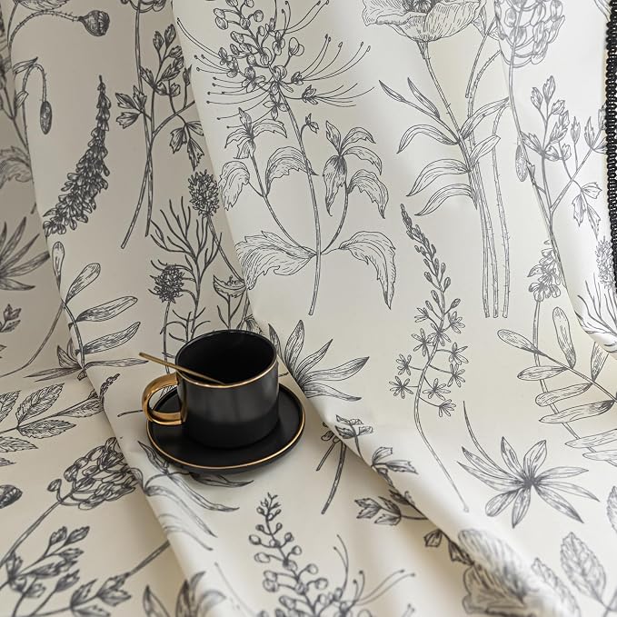 Black Floral Curtains 102 Inches Long, Boho Farmhouse Light Filtering Rod Pocket Drapes with Tassel Trim for Bedroom Living Room, 2 Panels