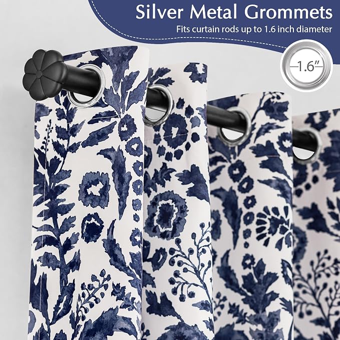 DriftAway Julia Blackout Curtains Grommet 2 Panels, W52xL120, Navy | Floral Curtains, Bedroom, Living Room, Room Darking, Watercolor Pattern, 2 Layers, Thermal Insulated, Window Treatment