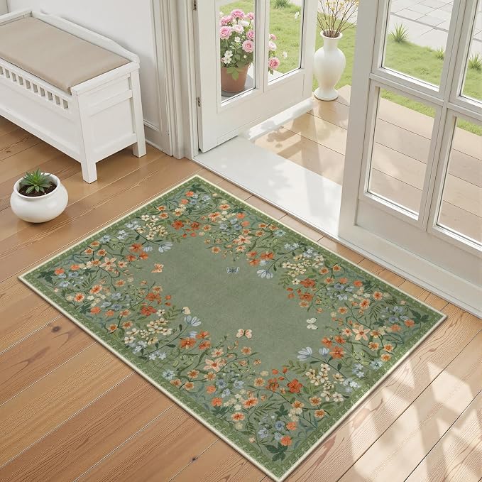 Wonnitar 2x3 Washable Area Rug, Green Floral Entryway Rug, Boho Small Non Slip Rug for Bathroom, Soft Kitchen Accent Carpet, Ultra Thin Bedside Laundry Decor (2x3 Green)