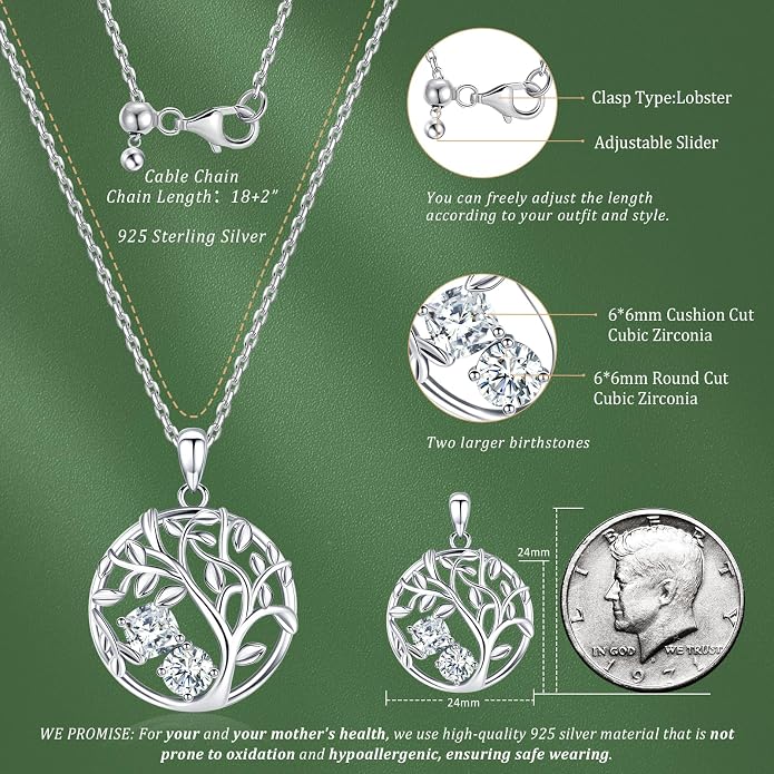 Tree of Life Birthstone Necklace for Women 925 Sterling Silver Birthstone Pendant 12 Months Necklaces with Zircon Birthday Gifts for Women, Mom, Grandma Cable Chain 18"+2"