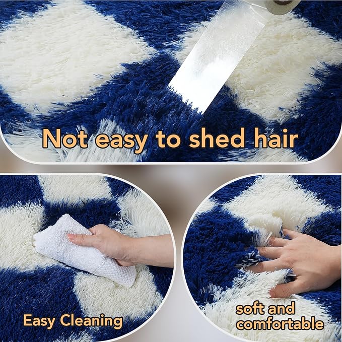 8x10 Fluffy Living Room Rug: Navy Blue and White Checkered Rugs for Living Room- 8x10 Large Fluffy Rug for Bedroom- Soft Plush Shag Carpets for Boys Girls Teen Room, Home Decor (Navy Blue/White)