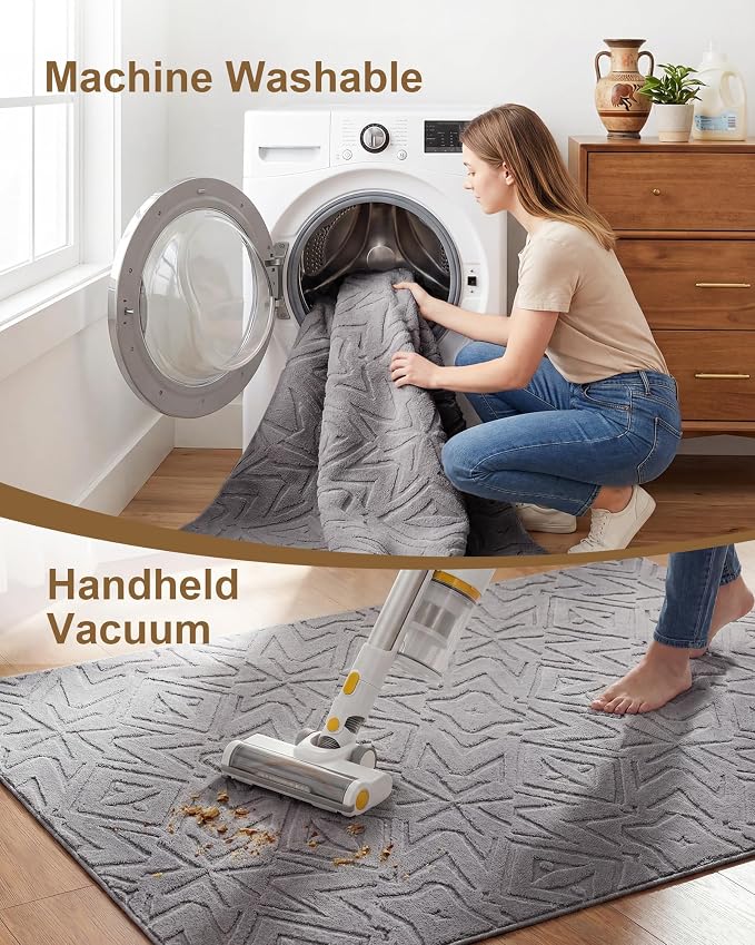 Carvapet 6.5' Round Rug Washable High Low Pile Area Rug Soft Plush Carpet for Living Room Bedroom Non Slip Indoor Floor Rug for Home Kids Nursery Decor