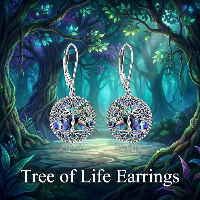 Tree of Life Dangle Drop Earrings Round Tree of Life Abalone Shell Earrings Dainty Abalone Shell Jewelry Gifts for Women