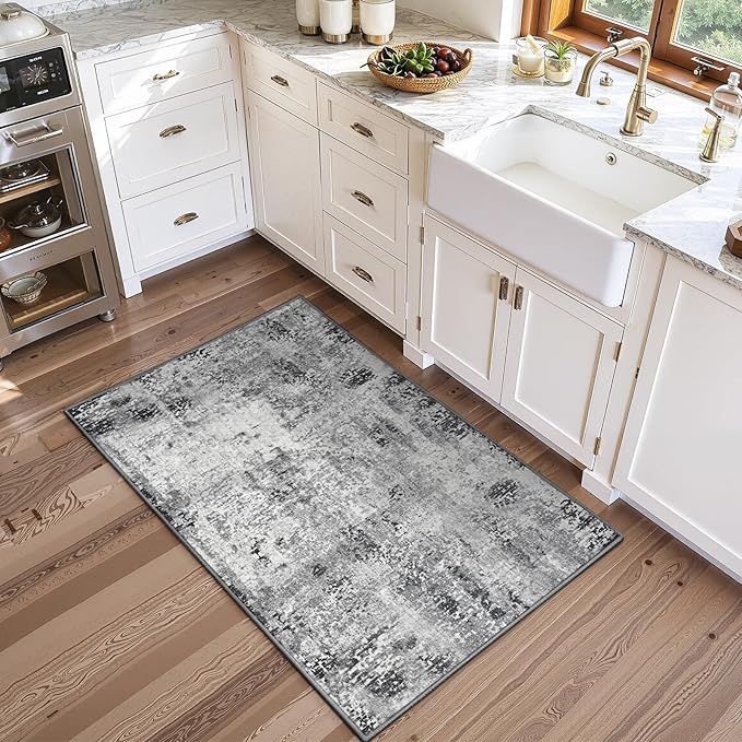 2x5 Grey Rug Runners for Hallways Kitchen Runner Rug Non Slip Washable Black Long Runner Rugs with Rubber Backing Soft Abstract Carpet Runner for Bedroom, Kitchen, Bathroom, Entryway