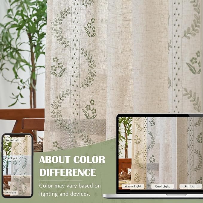 jinchan Floral Linen Curtains 96 Inch Back Tab 2 Panels Sage Green | Embroidered curtains,boho curtains,living room,bedroom,light filtering,privacy,flower patterned drapes,window treatment