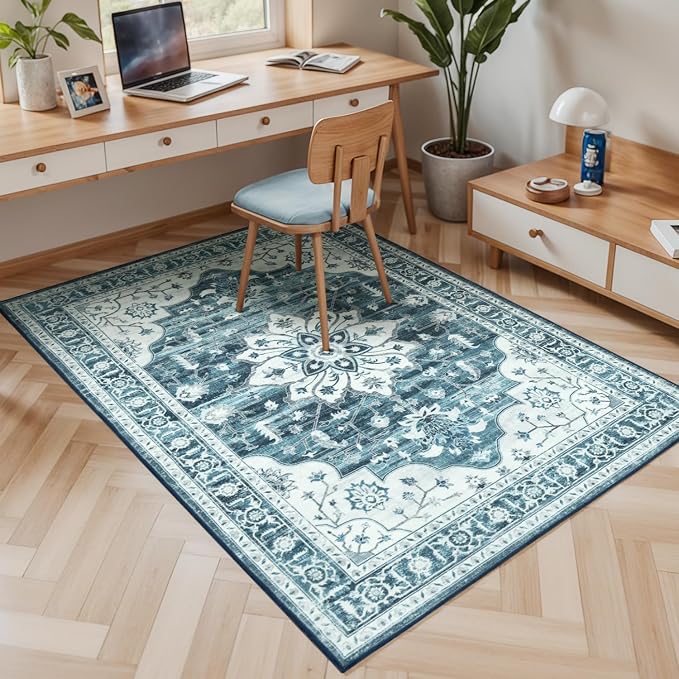 3x5 Large Entryway Rug Indoor, Coastal Blue White Non-Slip Backing Area Rugs for Kitchen - Vintage Boho Distressed Washable Rug, Soft Low Pile Carpet for Office, Lounge, Bedroom Bedside