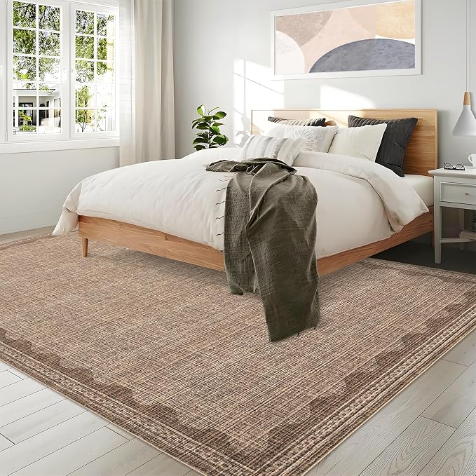 9x12 Scalloped Area Rugs Coffee Washable Living Room Bedroom Rug | Solid Tan Rug for Bedroom Girls, Non Slip Throw Carpet With Rubber Back, Soft Dorm Nursery Scalloped Rugs for Dining Room
