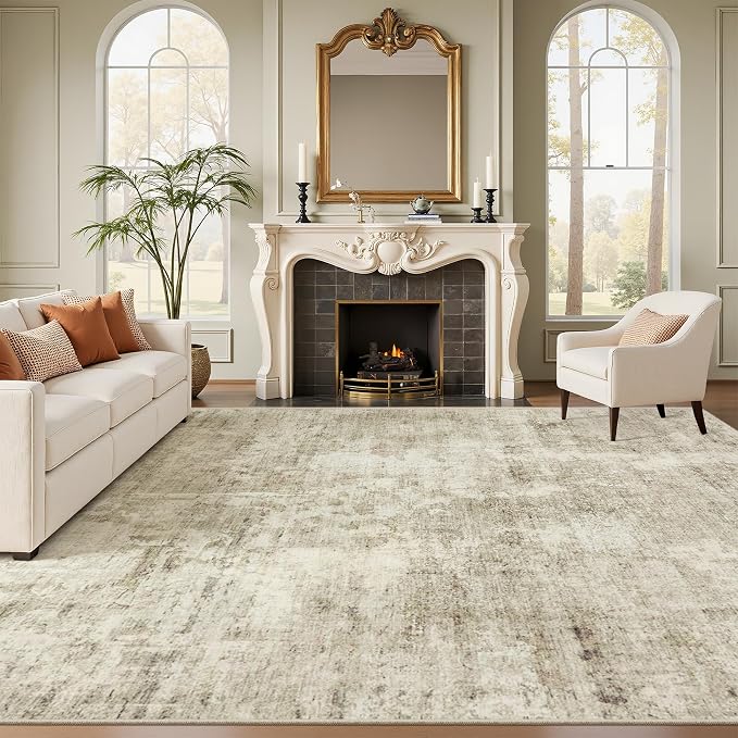 Soalmost Washable Area Rug 8x12, Large Soft Rugs for Living Room Vintage Beige Gray Carpet 8x12 Area Rugs for Bedroom Dining Room Non-Slip Stain Resistant Under Table Rug