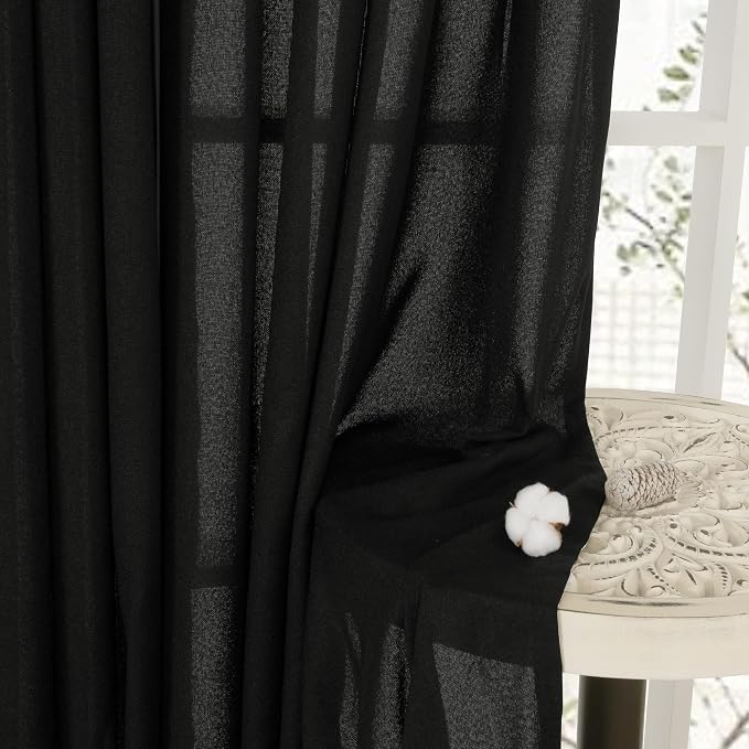 YoungsTex Black Linen Semi Sheer Curtains 63 Inch Length 2 Panels | Bronze Grommet Drapes Light Filtering for Bedroom Living Room Gothic Decorative, 52 X 63 Inch