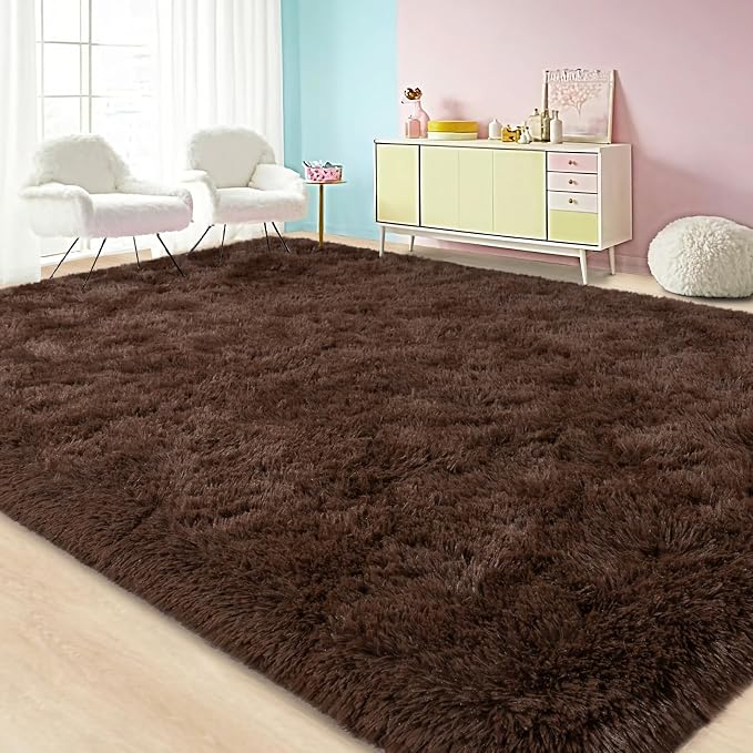 Large Area Rugs for Living Room Bedroom 8x10 Brown Fluffy Shag Rugs | Ultra Soft Shaggy Plush Fuzzy Modern Indoor Throw Floor Carpet for Kids Girls Boys Dorm Nursery Home Decor Aesthetic