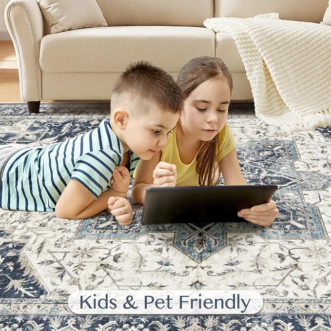 Tortania Area Rug Living Room Rugs - 10x14 Washable Boho Rug Vintage Oriental Distressed Farmhouse Large Thin Indoor Carpet for Living Room Bedroom Under Dining Table Home Office - Indigo