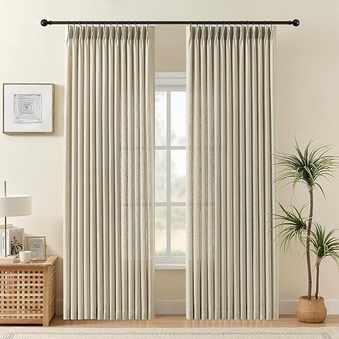 Pinch Pleated Linen Curtains 84 Inch Length 2 Panels Set, Light Filtering Linen Blend Sheer Drapes Memory Trained Pleated Curtain with Hooks Rings Back Tab for Bedroomm Farmhouse, Burlywood Birch