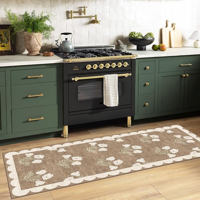 Non Slip Washable Kitchen Runner Rug - 2x6 Tan Floral Hallway Runner Rugs Soft Boho Runners for Hallways Vintage Farmhouse Scalloped Laundry Room Rug Floor Rugs for Bedroom Entryway Bathroom