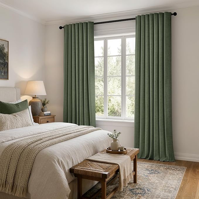 MIULEE 100% Blackout Linen Curtains 42 x 84 Inch Olive Green 2 Panels | Thermal Insulated, Room Darkening Drapes for Bedroom Living Room, Back Tab Rod Pocket Pinch Pleated, Solid Luxury Decor