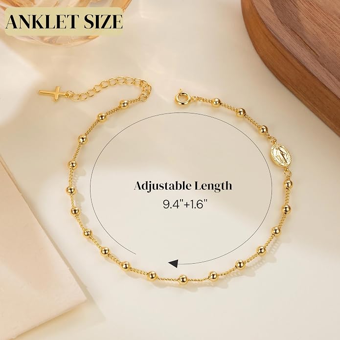 14K Gold Anklets for Women Gold Ankle Bracelets for Women Beads Accessory Chain Cross Anklets for Womens Virgin Mary Medallion and Delicate Cross Womens Ankle Bracelets Adjustable Length 9.4'' to 11''