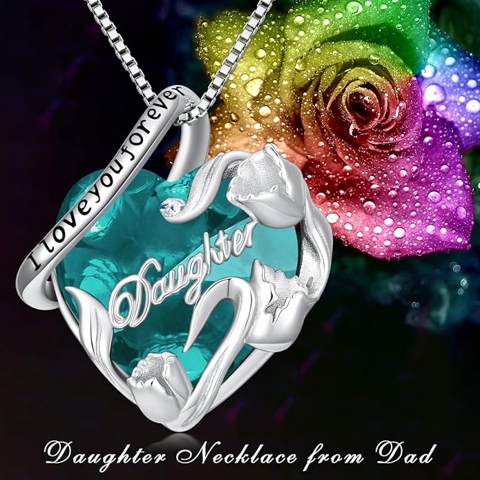 PROESS S925 Sterling Silver Daughter Heart Pendant Necklace from Dad Mom I Love You Forever Jewelry
