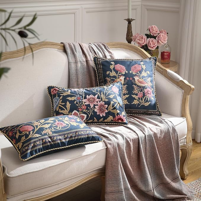 patdrea Designer French Velvet Throw Pillow Cover,Set of 4,-Oldgarden | Elegant Lumbar Pillow Case,Navy Blue Floral Pattern,Decorative Cushion Coverfor Couch Living Room Bedroom Sofa