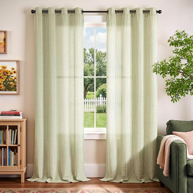 Vangao Linen Striped Curtains for Living Room Bedroom Farmhouse Tickingstripe Light Filtering Window Curtains Printed Drapes Grommet Top 2 Panels Green W50 x L96 Inch
