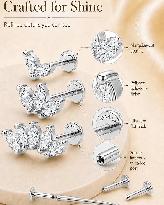 YACHY G23 Titanium Flat Back Stud Earrings, Internally Threaded Screw-On Hypoallergenic Body Piercing Jewelry for Everyday Wear, Tragus Helix Conch Monroe Medusa Lip, 18G 6mm 8mm