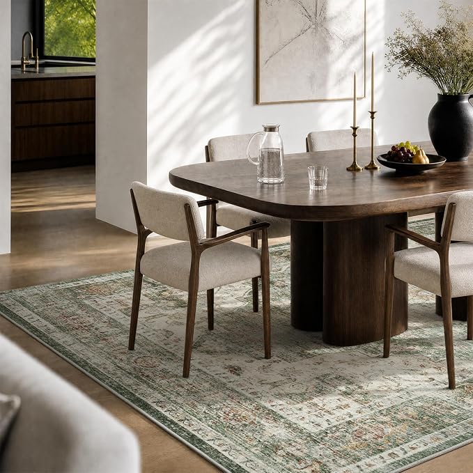 AMOAMI-Area Rug 6X9 Rugs for Living Room-Vintage Soft Green Rugs for Bedroom-Non Slip Carpet-Machine Washable Rug for Dining Room Living Room Bedroom Office Under Table