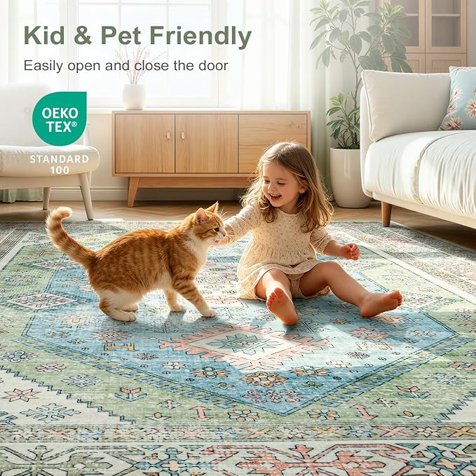 Lofus Vintage Living Room Rugs 8x10, Soft Machine Washable Area Rug for Bedroom Indoor Floor Home Office House Decor, Oriental Traditional Distressed Farmhouse Carpet, Boho Sage Green and Light Blue