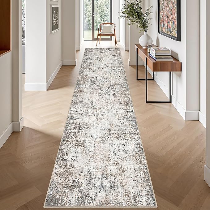 2.6'x14' Runner Rug Washable Rug: Modern Abstract Soft Thin Runner Rug Brown Grey
