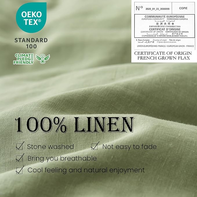 Simple&Opulence 100% Linen Duvet Cover Set 3pcs Basic Style Natural French Washed Flax Solid Color Soft Breathable Farmhouse Bedding with Button Closure - Sage Green, King