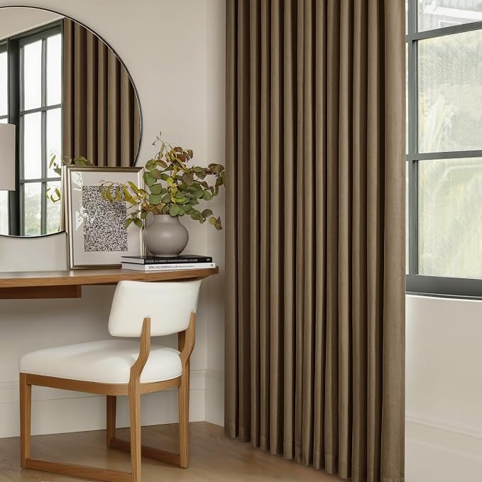 Dutch Cocoa Pinch Pleated Full Blackout Curtains Linen Blend 80 Inches Long | Room Darkening Window Curtains, for Living Room Bedroom, Thermal Insulated, Back Tab Pinch Pleat with Hooks Rings, 2 Panels