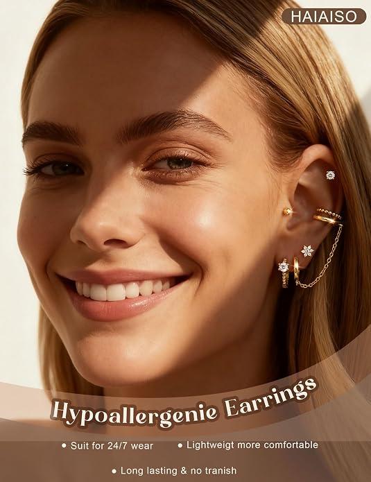 Small 14K Gold Plated Huggie Hoop Earrings for Women Lightweight Double Piercing Chain Earrings Dainty Stud Earrings Hypoallergenic 14K Gold Plated Hoop Earrings Set
