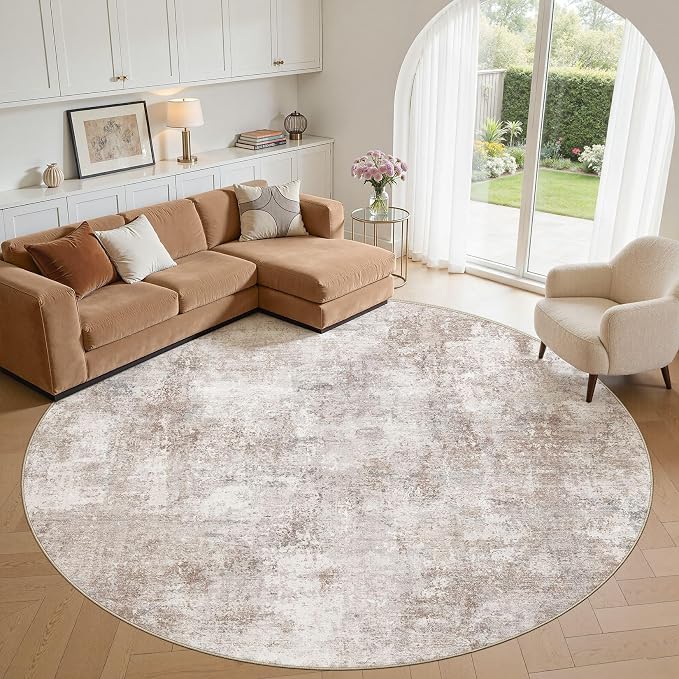 10ft Round Area Rugs for Living Room, 10x10 Washable Non Slip Soft Large Rugs for Bedroom Dining Room, Modern Abstract Low Pile Stain Resistant Carpet for Laundry Office Home Decor - Brown