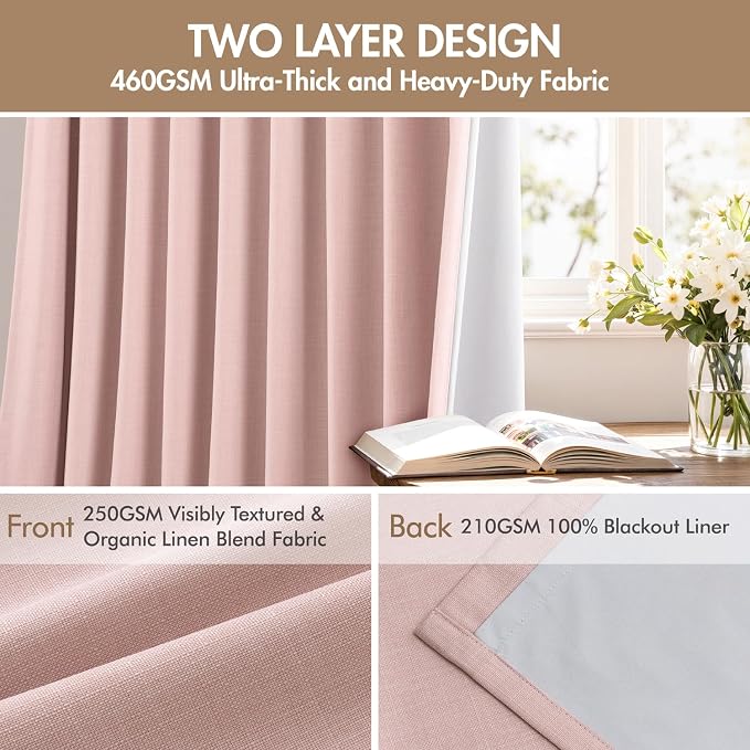 MIULEE Pinch Pleated 100% Blackout Curtains 40"x108" Light Pink 4 Panel Set | Thick Linen, Memory Trained Pleat, Back Tab Double Layer Drapes, Thermal Insulated, Curtain for Bedroom Living Room Darkening