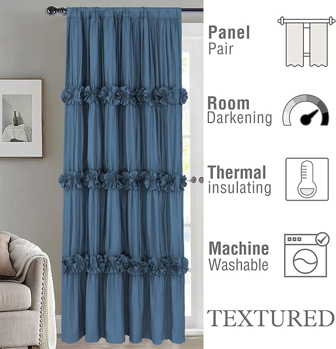 Homechoice Decor Thermal Insulated Blackout Window Curtains, 54" W x 84" L x 2 Panels, Boho Ruched Window Treatments with 3 Rows of Butterfly Flowers, Rustic Rod Pocket Drapes, Dusty Blue (LQ-30)