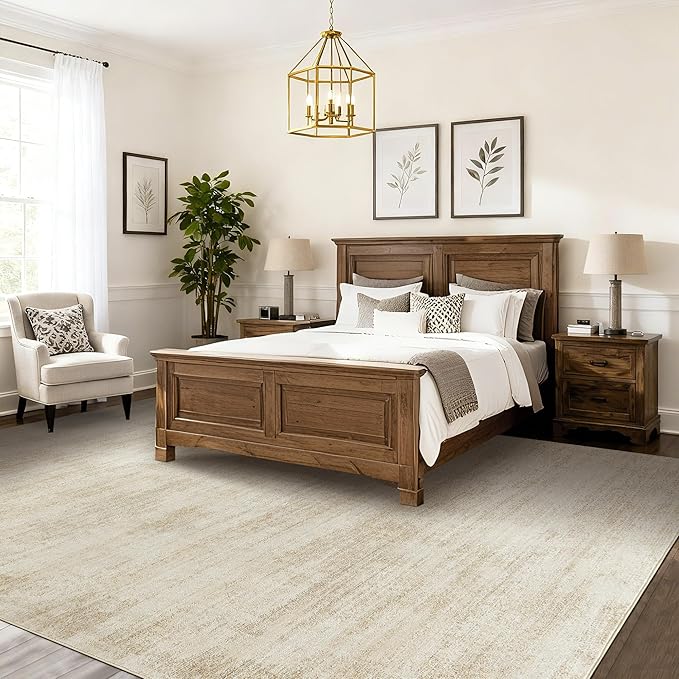 BILEEHOME 8x10 Neutral Rug for Bedroom Washable Tan Beige Low Pile Carpet | 8 x 10 Area Rugs for Living Room, Playroom, with Non Slip Foldable, Abstract Modern Aesthetic, Cream Brown Rubber Backing