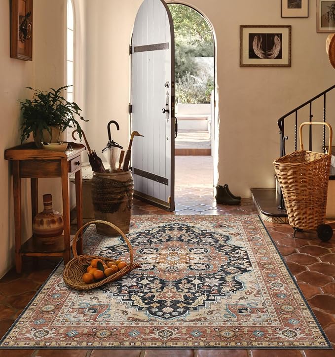 LUXRUG 6x9 Area Rug for Living Room - Terracotta Black Washable Rugs for Bedroom Non-Slip Oriental Farmhouse Soft Bedroom Rug Stain Resistant Dining Room Rugs for Under Table Southwestern Home Decor