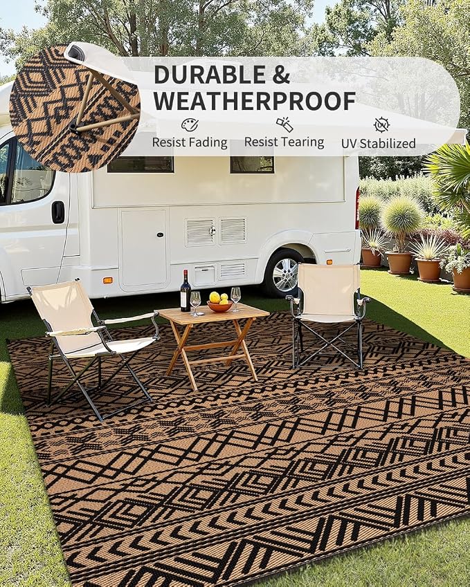 MontVoo Outdoor Rug 8x10 Waterproof Outdoor Patio Rug Mat Reverisble Plastic Straw Outdoor Rug for RV Camping Picnic Beach Balcony Boho Black Brown